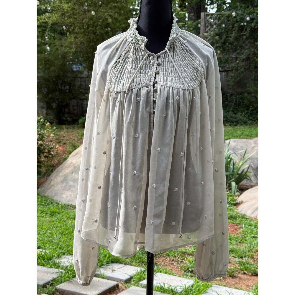 Free People Elliot Smocked Sheer Metallic Dot Blouse OB455830 Small